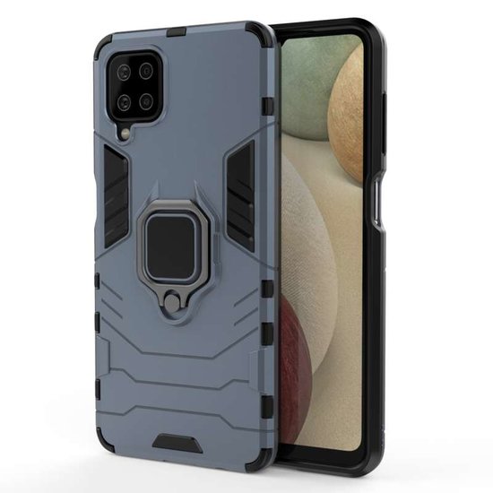 Samsung Galaxy A12 / M12 Hoesje - MobyDefend Dubbelgelaagde Pantsercase Met Standaard - Navy blauw