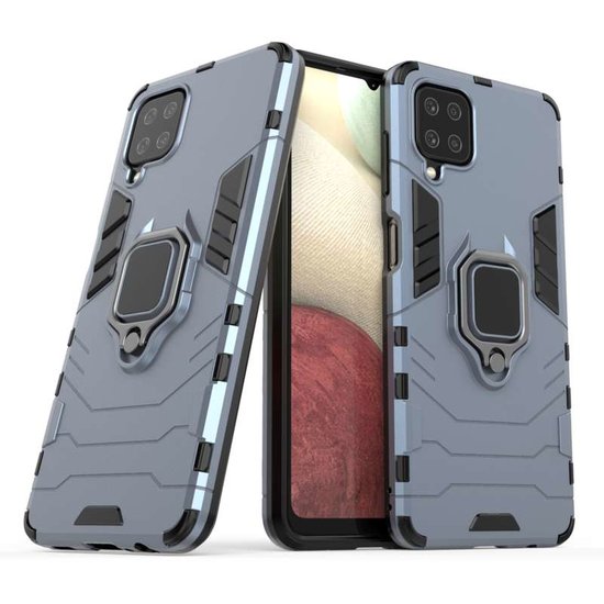Samsung Galaxy A12 / M12 Hoesje - MobyDefend Dubbelgelaagde Pantsercase Met Standaard - Navy blauw