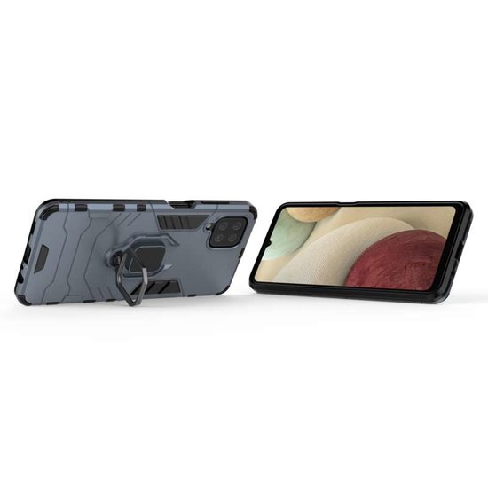 Samsung Galaxy A12 / M12 Hoesje - MobyDefend Dubbelgelaagde Pantsercase Met Standaard - Navy blauw