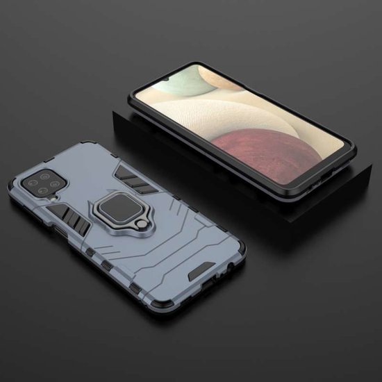 Samsung Galaxy A12 / M12 Hoesje - MobyDefend Dubbelgelaagde Pantsercase Met Standaard - Navy blauw