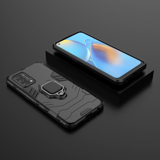 Oppo A74 4G hoesje, MobyDefend Dubbelgelaagde Pantsercase Met Standaard, Zwart