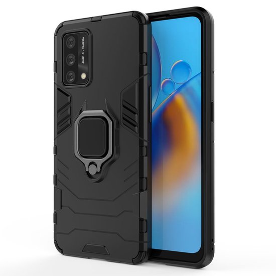 Oppo A74 4G hoesje, MobyDefend Dubbelgelaagde Pantsercase Met Standaard, Zwart