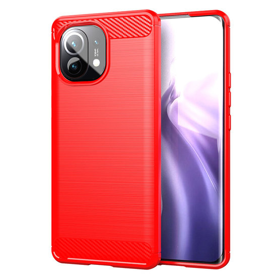 Xiaomi Mi 11 hoesje, MobyDefend TPU Gelcase, Geborsteld Metaal + Carbonlook, Rood