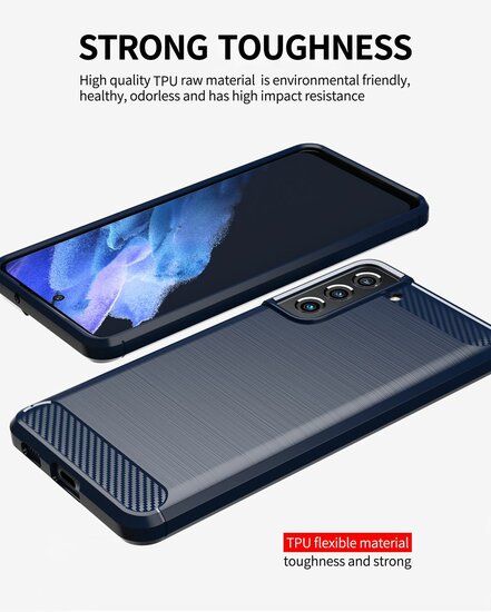 Samsung Galaxy S21 FE Hoesje, MobyDefend TPU Gelcase, Geborsteld Metaal + Carbonlook, Navy Blauw