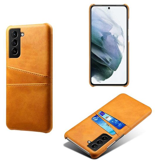 Samsung Galaxy S21 FE Hoesje, MobyDefend Lederen Backcover Met Vakjes Voor Pasjes, Cognacbruin