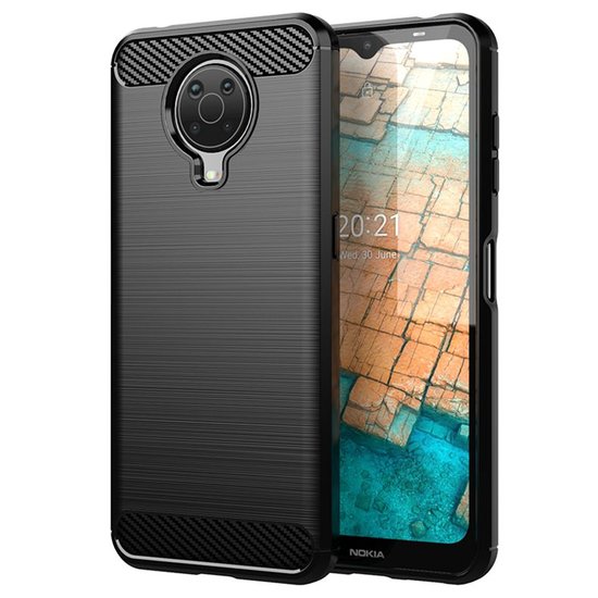 Nokia G10 / Nokia G20 Hoesje, MobyDefend TPU Gelcase, Geborsteld Metaal + Carbonlook, Zwart