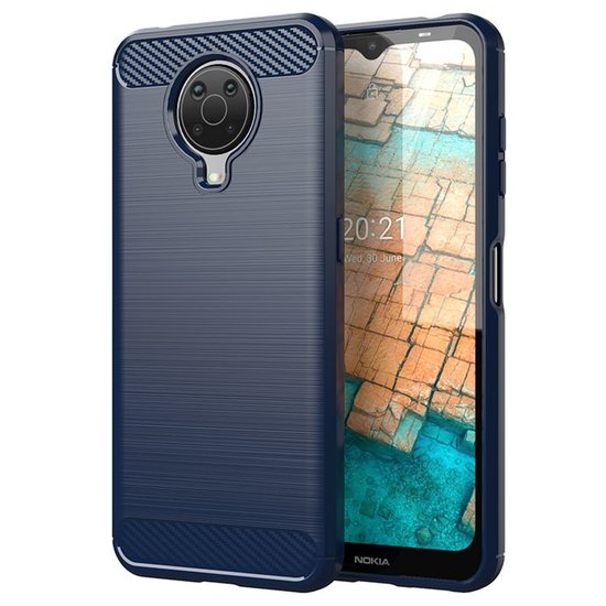 Nokia G10 / Nokia G20 Hoesje, MobyDefend TPU Gelcase, Geborsteld Metaal + Carbonlook, Navy Blauw