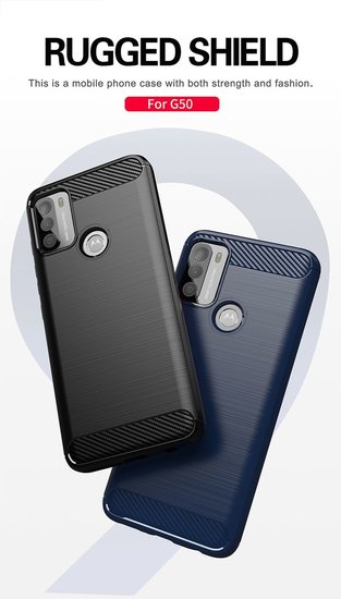 Motorola Moto G50 Hoesje, MobyDefend TPU Gelcase, Geborsteld Metaal + Carbonlook, Zwart