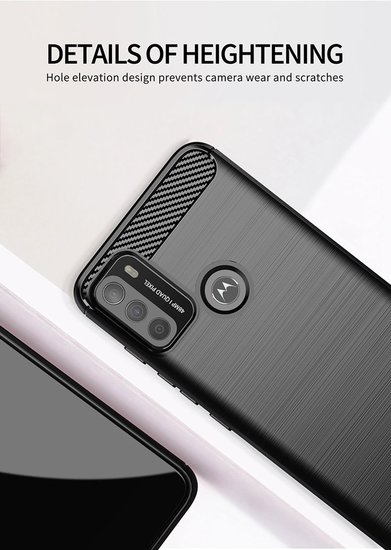 Motorola Moto G50 Hoesje, MobyDefend TPU Gelcase, Geborsteld Metaal + Carbonlook, Zwart