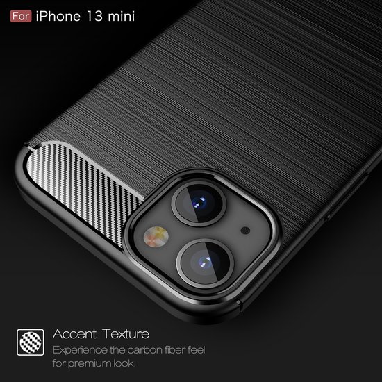 iPhone 13 Mini Hoesje, MobyDefend TPU Gelcase, Geborsteld Metaal + Carbonlook, Zwart