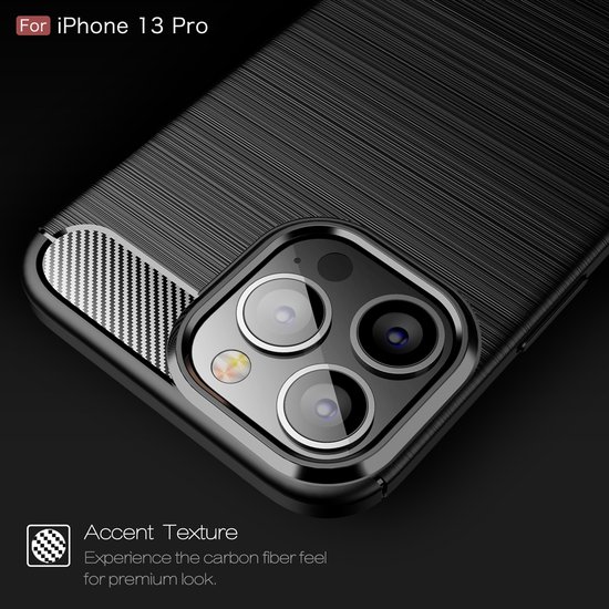 iPhone 13 Pro Hoesje, MobyDefend TPU Gelcase, Geborsteld Metaal + Carbonlook, Zwart