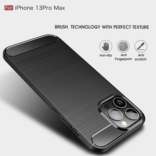 iPhone 13 Pro Max Hoesje, MobyDefend TPU Gelcase, Geborsteld Metaal + Carbonlook, Navy Blauw
