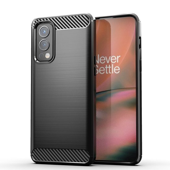 OnePlus Nord 2 Hoesje, MobyDefend TPU Gelcase, Geborsteld Metaal + Carbonlook, Zwart