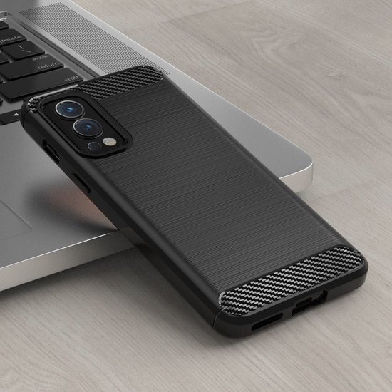 OnePlus Nord 2 Hoesje - MobyDefend TPU Backcover - Geborstelde Metaal &amp; Carbon-Look - Zwart