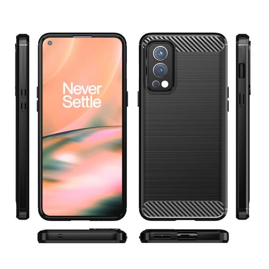 OnePlus Nord 2 Hoesje, MobyDefend TPU Gelcase, Geborsteld Metaal + Carbonlook, Zwart