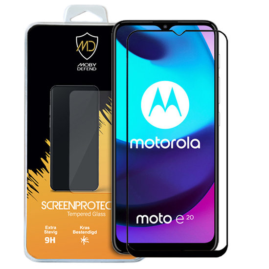 Motorola Moto E20 Screenprotector, MobyDefend Gehard Glas Screensaver, Zwarte Randen