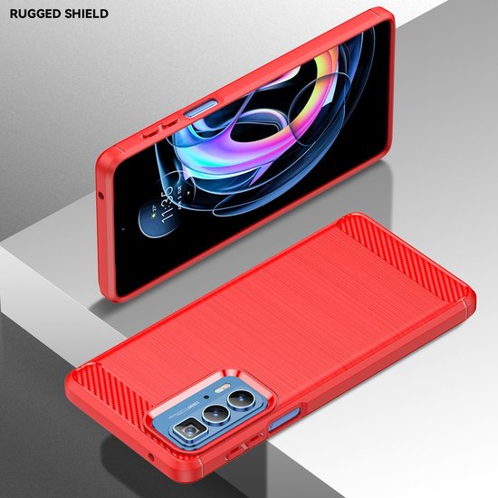 Motorola Edge 20 Pro Hoesje - MobyDefend TPU Backcover - Geborstelde Metaal &amp; Carbon-Look - Rood