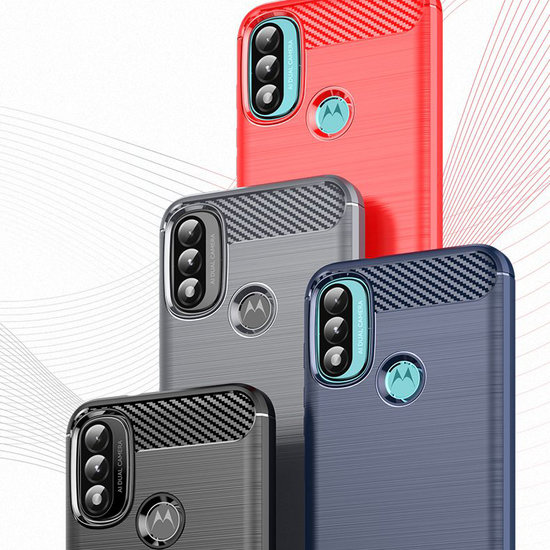 Motorola Moto E20 / E30 / E40 Hoesje, MobyDefend TPU Gelcase, Geborsteld Metaal + Carbonlook, Navy Blauw