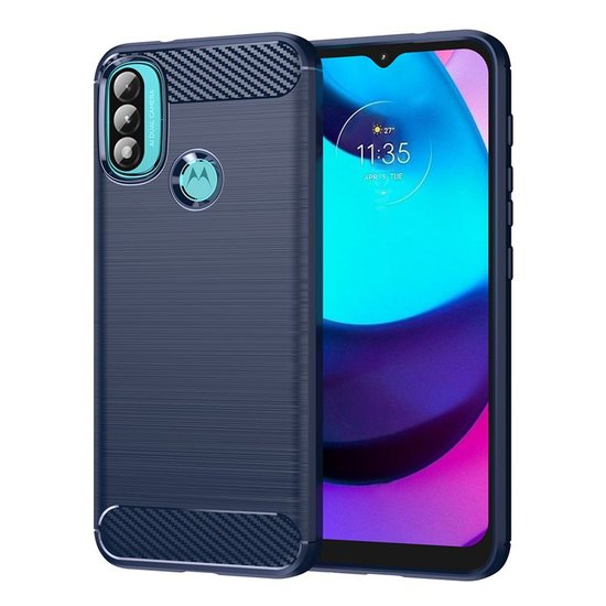 Motorola Moto E20 / E30 / E40 Hoesje, MobyDefend TPU Gelcase, Geborsteld Metaal + Carbonlook, Navy Blauw