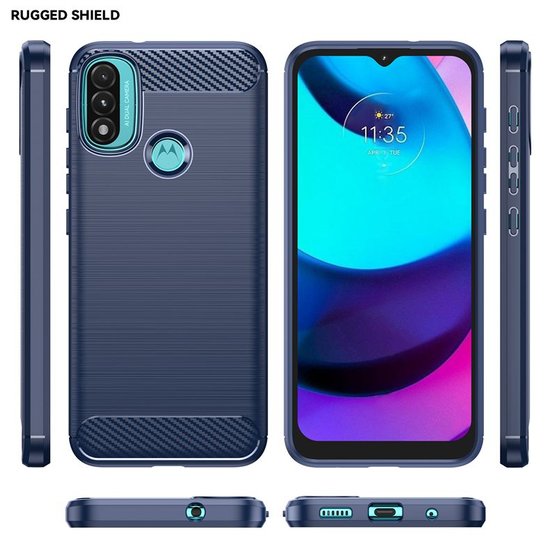 Motorola Moto E20 / E30 / E40 Hoesje, MobyDefend TPU Gelcase, Geborsteld Metaal + Carbonlook, Navy Blauw