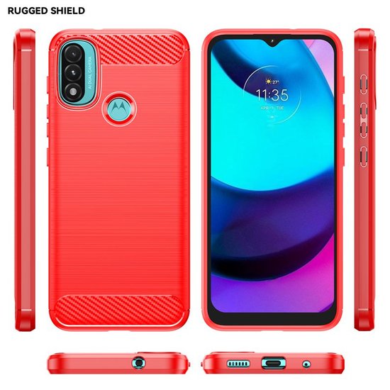 Motorola Moto E20 / E30 / E40 Hoesje - MobyDefend TPU Backcover - Geborstelde Metaal &amp; Carbon-Look - Rood