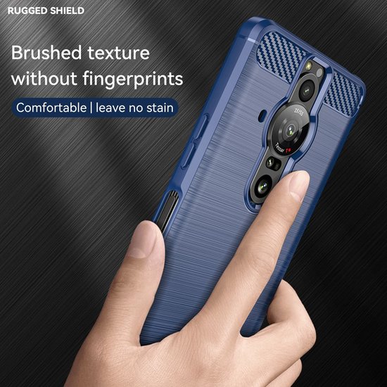Sony Xperia Pro-I Hoesje, MobyDefend TPU Gelcase, Geborsteld Metaal + Carbonlook, Navy Blauw
