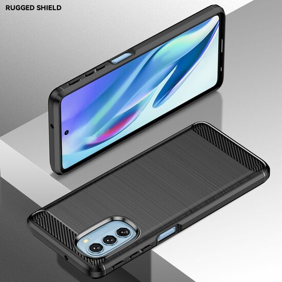 Motorola Moto G51 Hoesje - MobyDefend TPU Backcover - Geborstelde Metaal &amp; Carbon-Look - Zwart