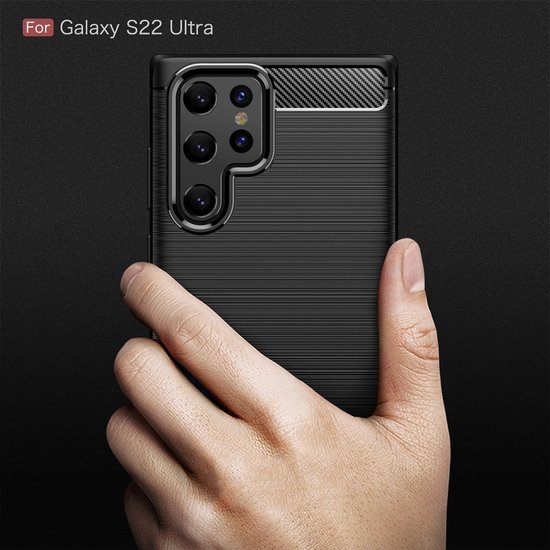 Samsung Galaxy S22 Ultra Hoesje, MobyDefend TPU Gelcase, Geborsteld Metaal + Carbonlook, Zwart