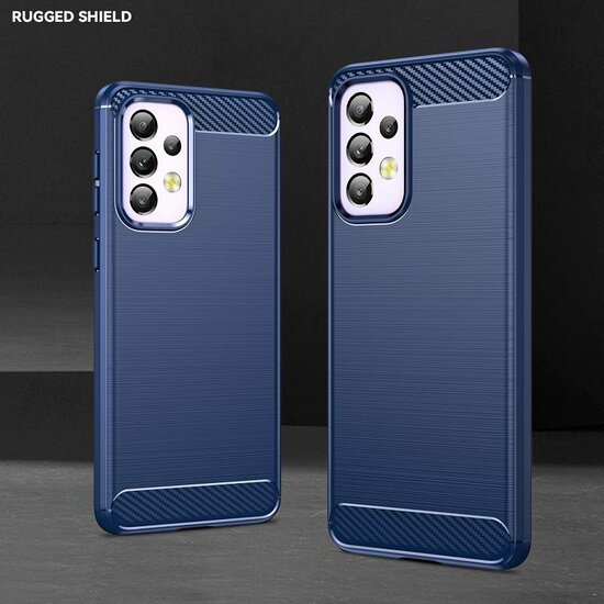 Samsung Galaxy A33 Hoesje - MobyDefend TPU Backcover - Geborstelde Metaal &amp; Carbon-Look - Navy Blauw