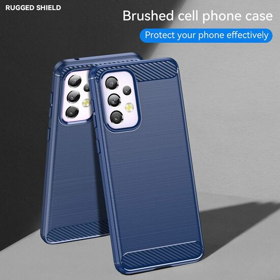 Samsung Galaxy A33 Hoesje - MobyDefend TPU Backcover - Geborstelde Metaal &amp; Carbon-Look - Navy Blauw