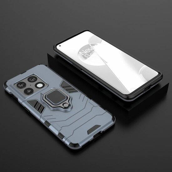 OnePlus 10 Pro Hoesje - MobyDefend Dubbelgelaagde Pantsercase Met Standaard - Navy Blauw