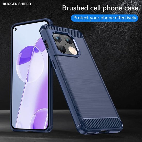 OnePlus 10 Pro Hoesje - MobyDefend TPU Backcover - Geborstelde Metaal &amp; Carbon-Look - Navy Blauw