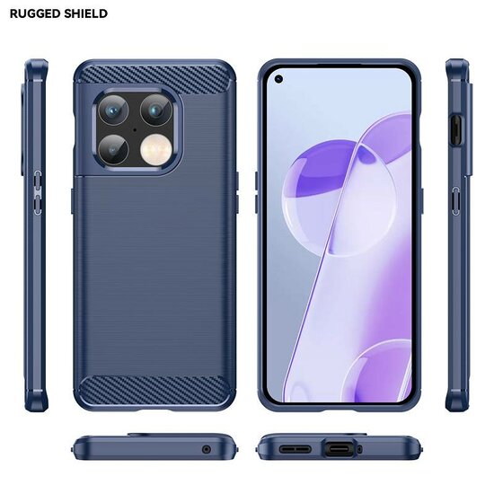 OnePlus 10 Pro Hoesje - MobyDefend TPU Backcover - Geborstelde Metaal &amp; Carbon-Look - Navy Blauw