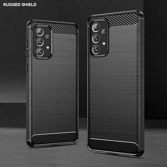 Samsung Galaxy A73 Hoesje, MobyDefend TPU Gelcase, Geborsteld Metaal + Carbonlook, Zwart