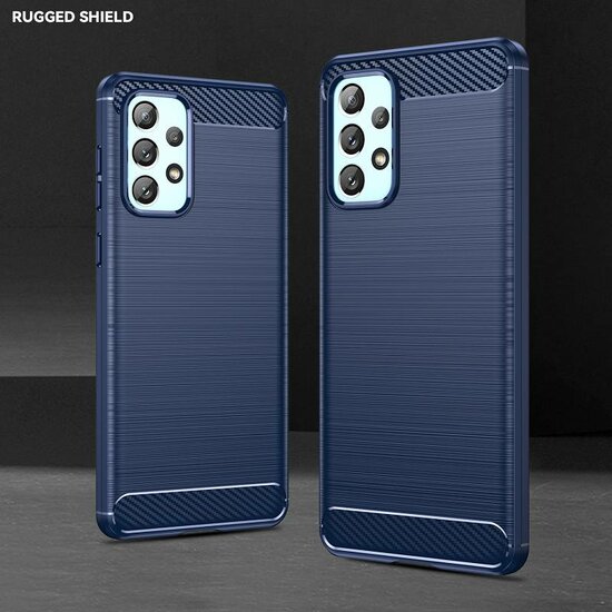 Samsung Galaxy A73 Hoesje - MobyDefend TPU Backcover - Geborstelde Metaal &amp; Carbon-Look - Navy Blauw