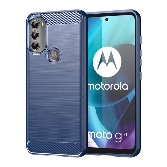 Motorola Moto G71 Hoesje, MobyDefend TPU Gelcase, Geborsteld Metaal + Carbonlook, Navy Blauw