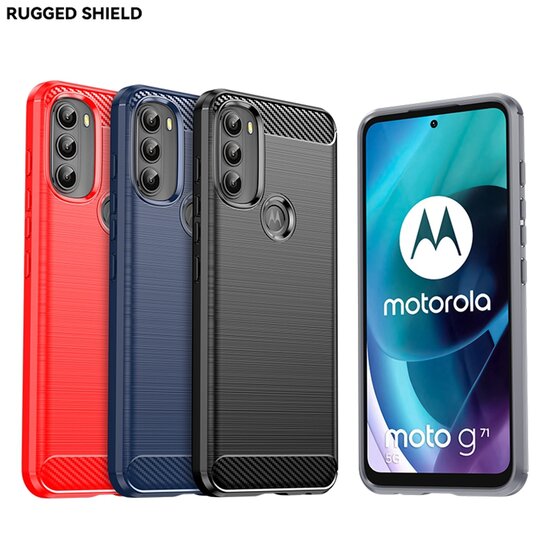 Motorola Moto G71 Hoesje, MobyDefend TPU Gelcase, Geborsteld Metaal + Carbonlook, Rood