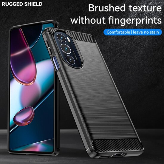 Motorola Edge 30 Pro Hoesje - MobyDefend TPU Backcover - Geborstelde Metaal &amp; Carbon-Look - Navy Blauw