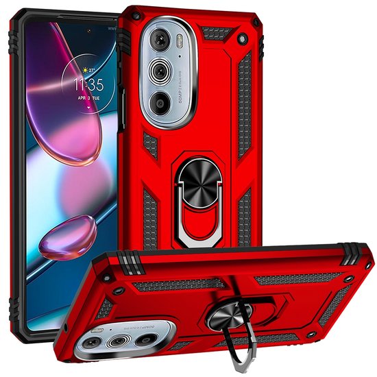 Motorola Edge 30 Pro Hoesje, MobyDefend Pantsercase Met Draaibare Ring, Rood