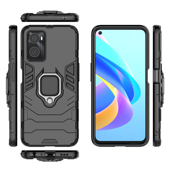 Oppo A76 / Oppo A96 Hoesje - MobyDefend Dubbelgelaagde Pantsercase Met Standaard - Navy Blauw