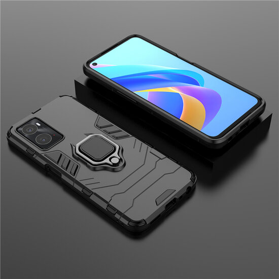 Oppo A76 / Oppo A96 Hoesje - MobyDefend Dubbelgelaagde Pantsercase Met Standaard - Navy Blauw
