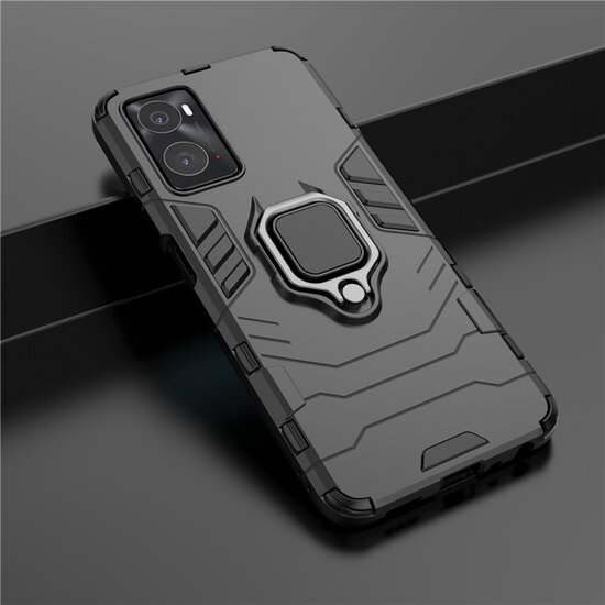 Oppo A76 / Oppo A96 Hoesje - MobyDefend Dubbelgelaagde Pantsercase Met Standaard - Navy Blauw