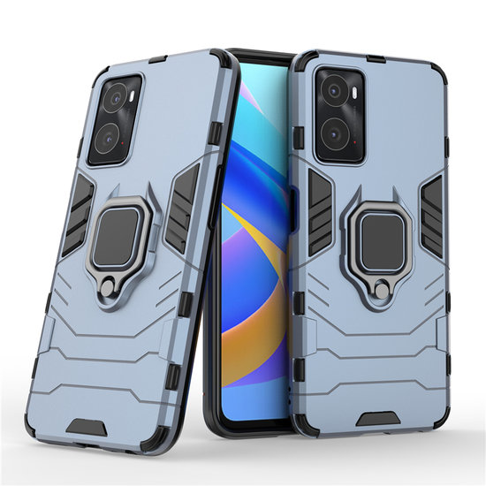 Oppo A76 / Oppo A96 Hoesje - MobyDefend Dubbelgelaagde Pantsercase Met Standaard - Navy Blauw