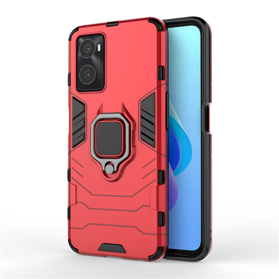 Oppo A76 / Oppo A96 Hoesje, MobyDefend Dubbelgelaagde Pantsercase Met Standaard, Rood