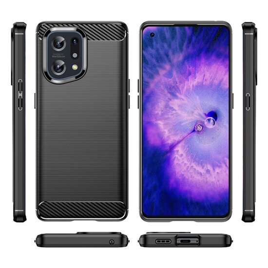 Oppo Find X5 Hoesje, MobyDefend TPU Gelcase, Geborsteld Metaal + Carbonlook, Rood