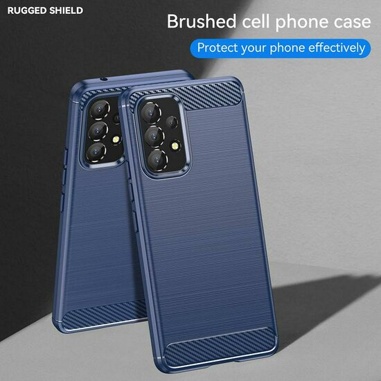 Samsung Galaxy A53 Hoesje, MobyDefend TPU Gelcase, Geborsteld Metaal + Carbonlook, Navy Blauw