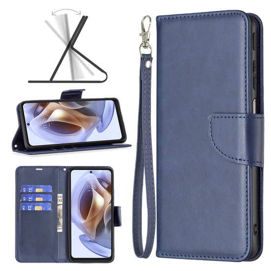 Motorola Edge 30 Pro Hoesje, MobyDefend Wallet Book Case Met Koord, Blauw