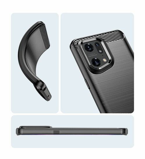 Oppo Find X5 Pro Hoesje, MobyDefend TPU Gelcase, Geborsteld Metaal + Carbonlook, Navy Blauw