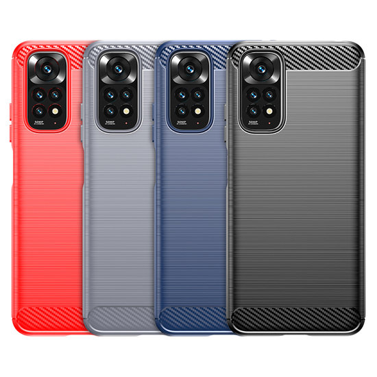 Xiaomi Redmi Note 11 / Note 11S Hoesje, MobyDefend TPU Gelcase, Geborsteld Metaal + Carbonlook, Navy Blauw