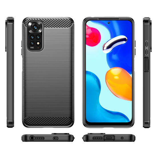 Xiaomi Redmi Note 11 / Note 11S Hoesje, MobyDefend TPU Gelcase, Geborsteld Metaal + Carbonlook, Navy Blauw